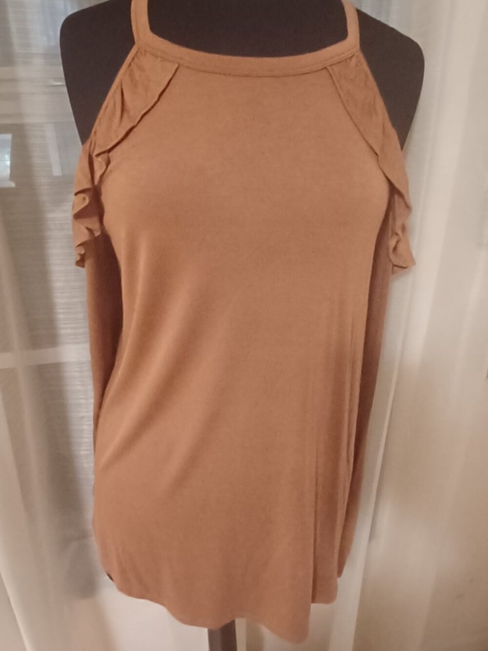 Hippie Chic Pumpkin Spice Cold Shoulder Ruffled High Neck Long Sleeve XL top - Picture 2 of 4